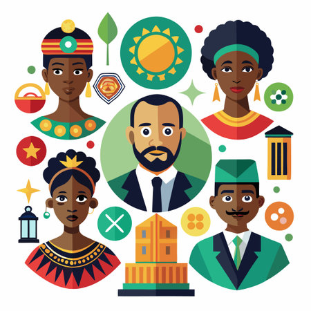 Diverse group of African people with cultural symbols and icons surrounding a central man in a suit.