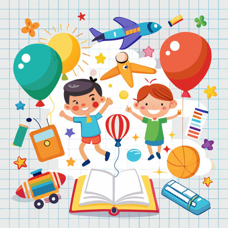Two happy boys surrounded by fun toys, balloons and a book.のイラスト素材