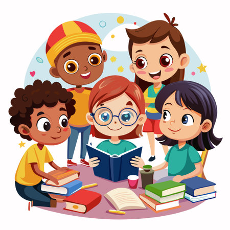 A group of diverse children read books together.のイラスト素材