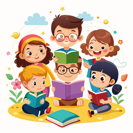 Five children sitting in a circle and reading books together.のイラスト素材