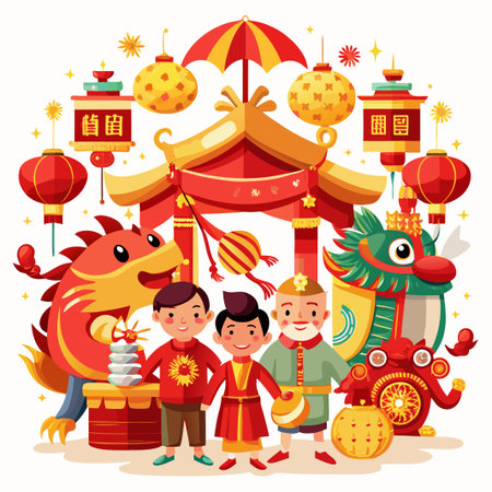 Chinese New Year celebration with three people, dragons, lanterns, and a temple gate.のイラスト素材