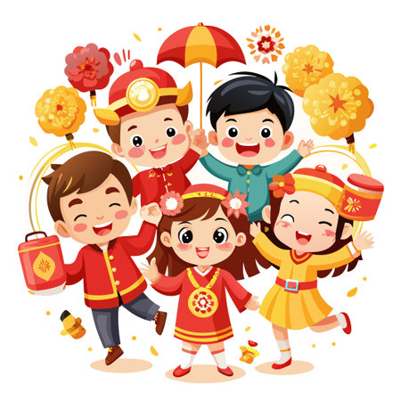 Happy children in traditional Chinese outfits celebrating the New Year with fireworks, lanterns, and a lucky umbrella.のイラスト素材