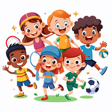Happy kids playing sports together outdoors.のイラスト素材