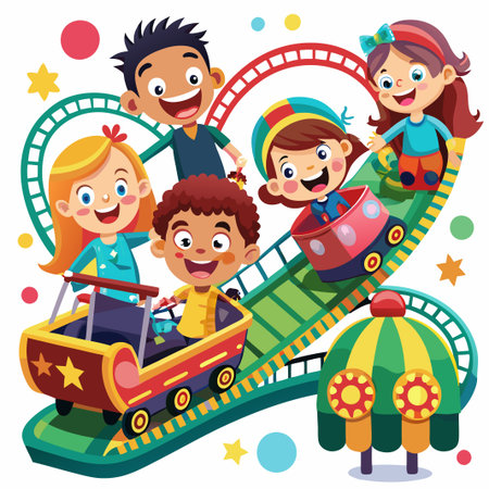 Five happy children riding on a roller coaster at an amusement park.のイラスト素材