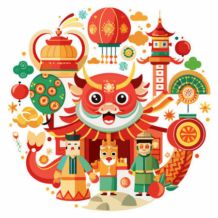 Colorful illustration of Chinese New Year celebration with dragon, lanterns, and traditional characters.のイラスト素材