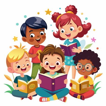A group of happy diverse children reading books together.のイラスト素材
