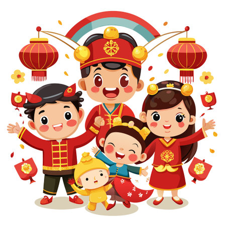 Happy Chinese family in traditional red clothing celebrating the New Year with red lanterns and confetti.のイラスト素材