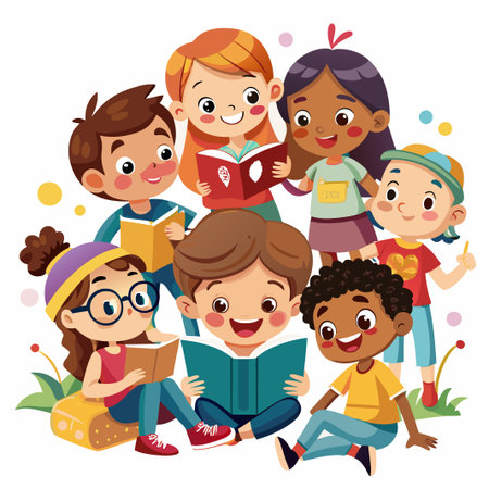 A group of diverse children are reading books together.のイラスト素材