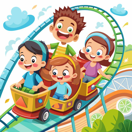 Four happy children riding a rollercoaster together, with a bright blue sky and fluffy clouds.のイラスト素材
