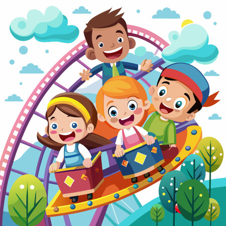 Four smiling children enjoy a thrilling roller coaster ride.のイラスト素材