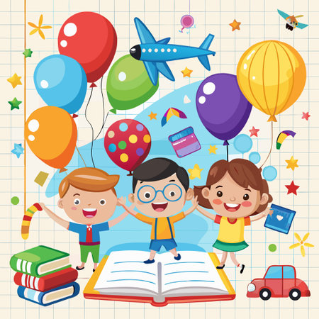 Three happy children holding hands and standing on an open book with colorful balloons and other childhood icons.のイラスト素材