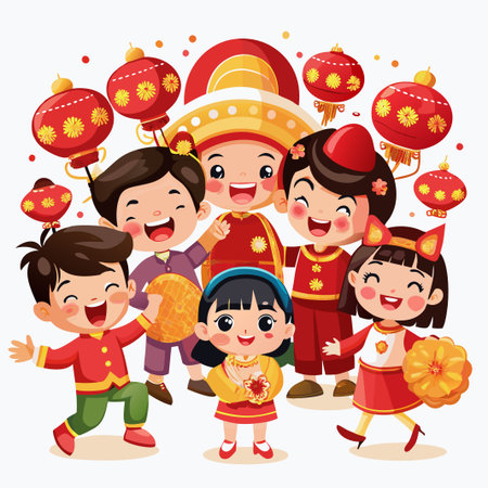 Happy children in traditional Chinese clothing celebrating the New Year with lanterns and decorations.のイラスト素材