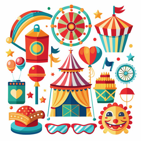 A colorful set of carnival icons, including a Ferris wheel, big top tent, popcorn, balloons, and more.のイラスト素材