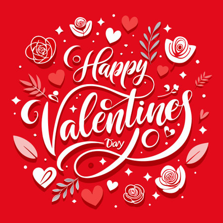 White "Happy Valentine's Day" lettering on red background with hearts and roses.のイラスト素材