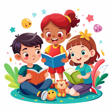 Three diverse children sitting on the ground reading books together.のイラスト素材