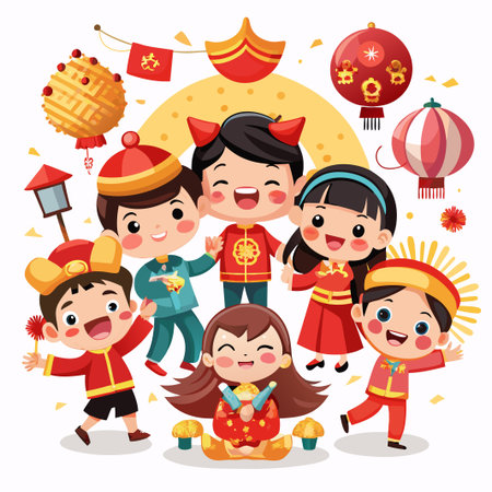 Six smiling children in traditional Chinese clothing celebrating with lanterns and decorations.のイラスト素材