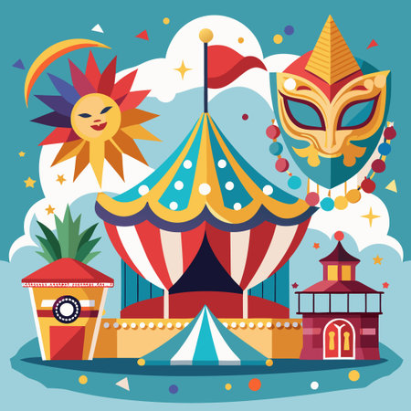 Colorful carnival tent with a mask and a sun.のイラスト素材