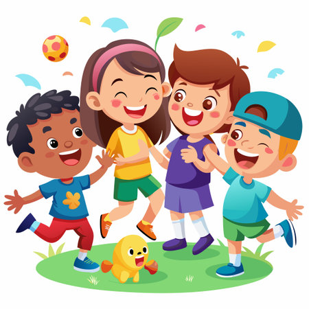 Four happy diverse children playing together on a green field with confetti and a toy.のイラスト素材