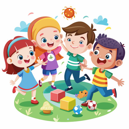 Four happy children playing in a sunny park with toys.のイラスト素材
