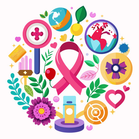 Pink ribbon surrounded by various icons and symbols in a circular shape.のイラスト素材