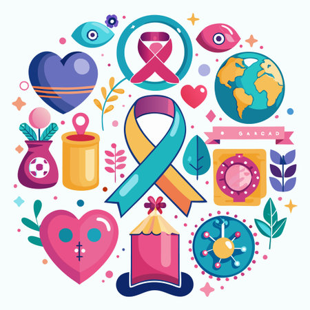 Colorful illustration with various symbols representing health, love, support, and awareness.のイラスト素材