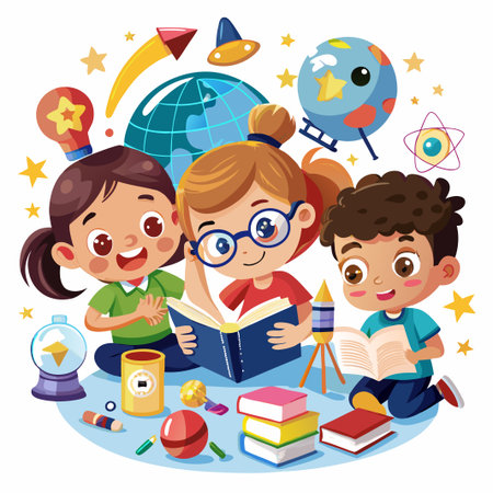 Three happy children are reading books together, surrounded by various learning tools.のイラスト素材