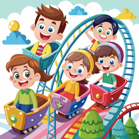 Four happy children enjoy a ride on a colorful rollercoaster.のイラスト素材