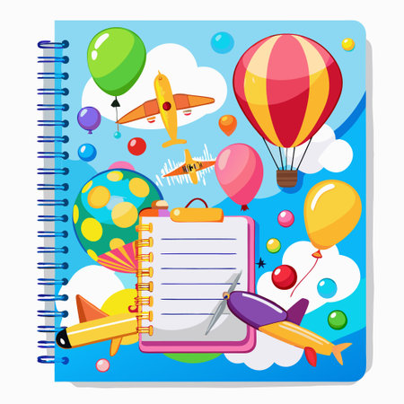 Blue spiral notebook with airplanes, balloons, and a clipboard with paper on a blue sky background.のイラスト素材