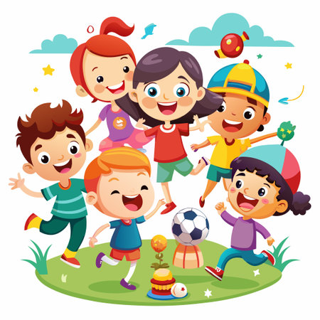 Happy children playing soccer outdoors in a park.のイラスト素材