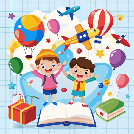 Two happy children stand on top of an open book with colorful balloons, airplanes, and stars surrounding them.のイラスト素材