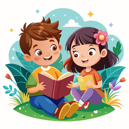 Two happy children reading books together outdoors.のイラスト素材
