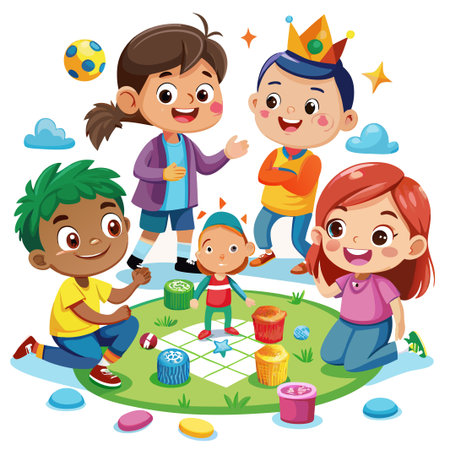 Happy children playing a board game together on a green mat. (1)のイラスト素材