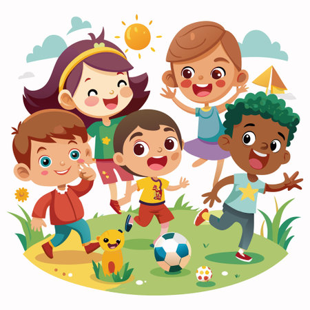 Happy diverse group of children playing soccer in a park on a sunny day.のイラスト素材