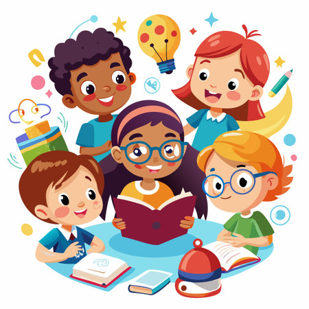 Diverse group of happy children reading together in a circle.のイラスト素材