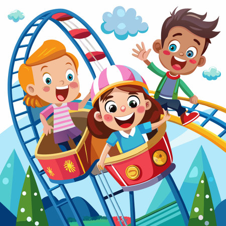 Three happy kids are riding a rollercoaster on a sunny day.のイラスト素材