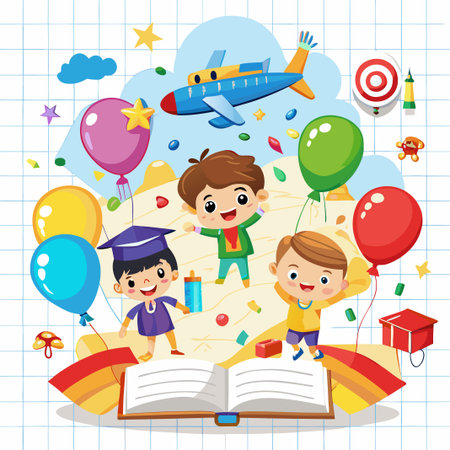 Three happy children are jumping out of an open book surrounded by colorful balloons and toys.のイラスト素材