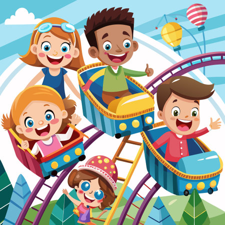 Happy children ride a rollercoaster at an amusement park.のイラスト素材