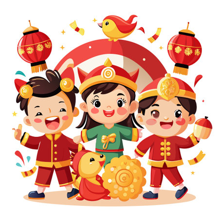 Three adorable children in traditional Chinese New Year costumes with lanterns, a bird, and a mooncake.のイラスト素材