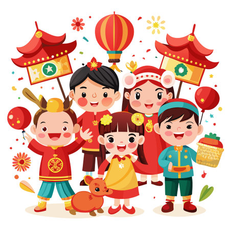 Happy Chinese New Year children in traditional costumes with lanterns and decorations.のイラスト素材