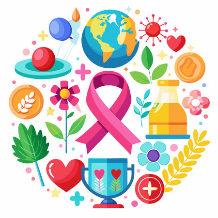 Colorful illustration of a pink ribbon surrounded by symbols of hope, love, and support.のイラスト素材