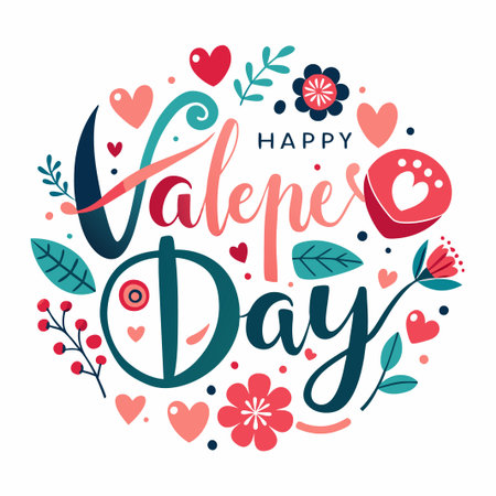Happy Valentine's Day with floral and heart illustrations.のイラスト素材