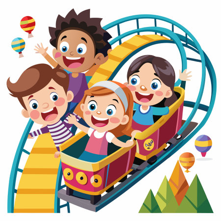 Four happy children ride a rollercoaster together at an amusement park, laughing and smiling.のイラスト素材