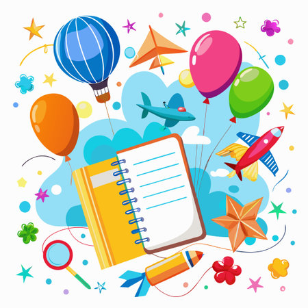 Colorful open notebook with a pencil, surrounded by stars, balloons, kites, and airplanes on a blue background.のイラスト素材