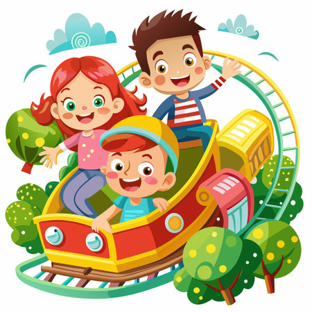 Three happy children riding a rollercoaster through a whimsical landscape.のイラスト素材
