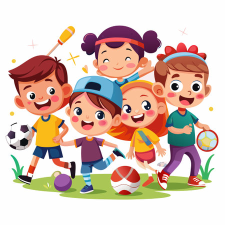 Happy children playing sports outdoors, with a soccer ball, baseball bat, basketball and a volleyball.のイラスト素材