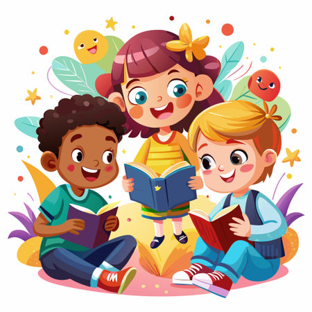 Three happy kids sitting and reading books together.のイラスト素材