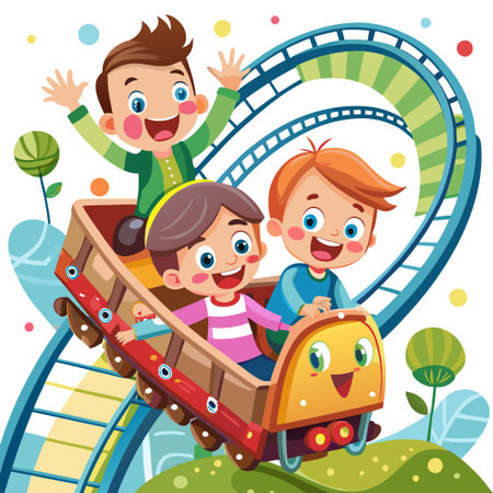 Three happy kids riding a roller coaster.のイラスト素材