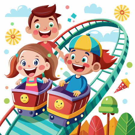 Three happy children ride a roller coaster at an amusement park.のイラスト素材