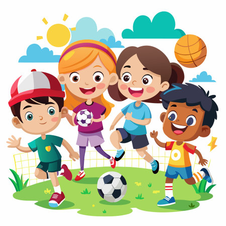 Four happy children playing sports outdoors with a soccer ball, basketball and a net.のイラスト素材