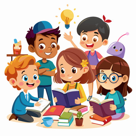 Group of diverse children smiling and reading books together with a light bulb above their heads.のイラスト素材